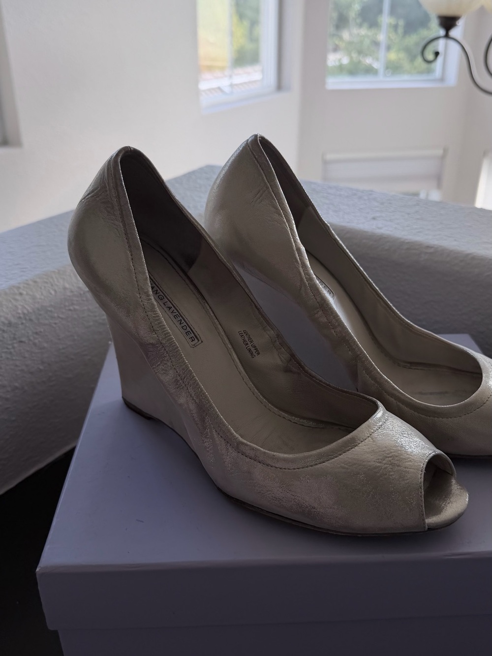 Vera Wang Metallic Pewter Peep-Toe Wedge Pumps